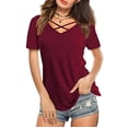 thumbnail image 2 of JINMGG Womens Tops Clearance under $5 Women Tops V-neck Cross Collar Soild Short Sleeve T-Shirt Blouse Wine L, 2 of 7