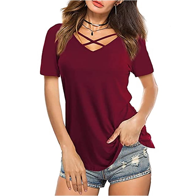 Pntutb Mujeres tops Sexy con cuello en V Cruz Collar Soild Camiseta de manga corta Blusa Pntutb Pntutb-6106