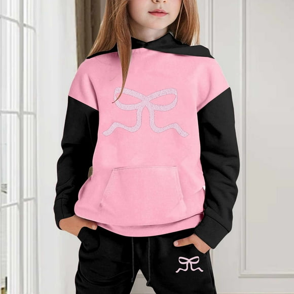 Children's Bow Printed Long Sleeved Hooded Top Hoodie Pants Set Toddler Boy Suit Toddler Boy Easter Fashion 4t Designer Clothes Big Bow Outfits Baby Boy Set 6 Months Boys Clothes Kids Clothes Boys
