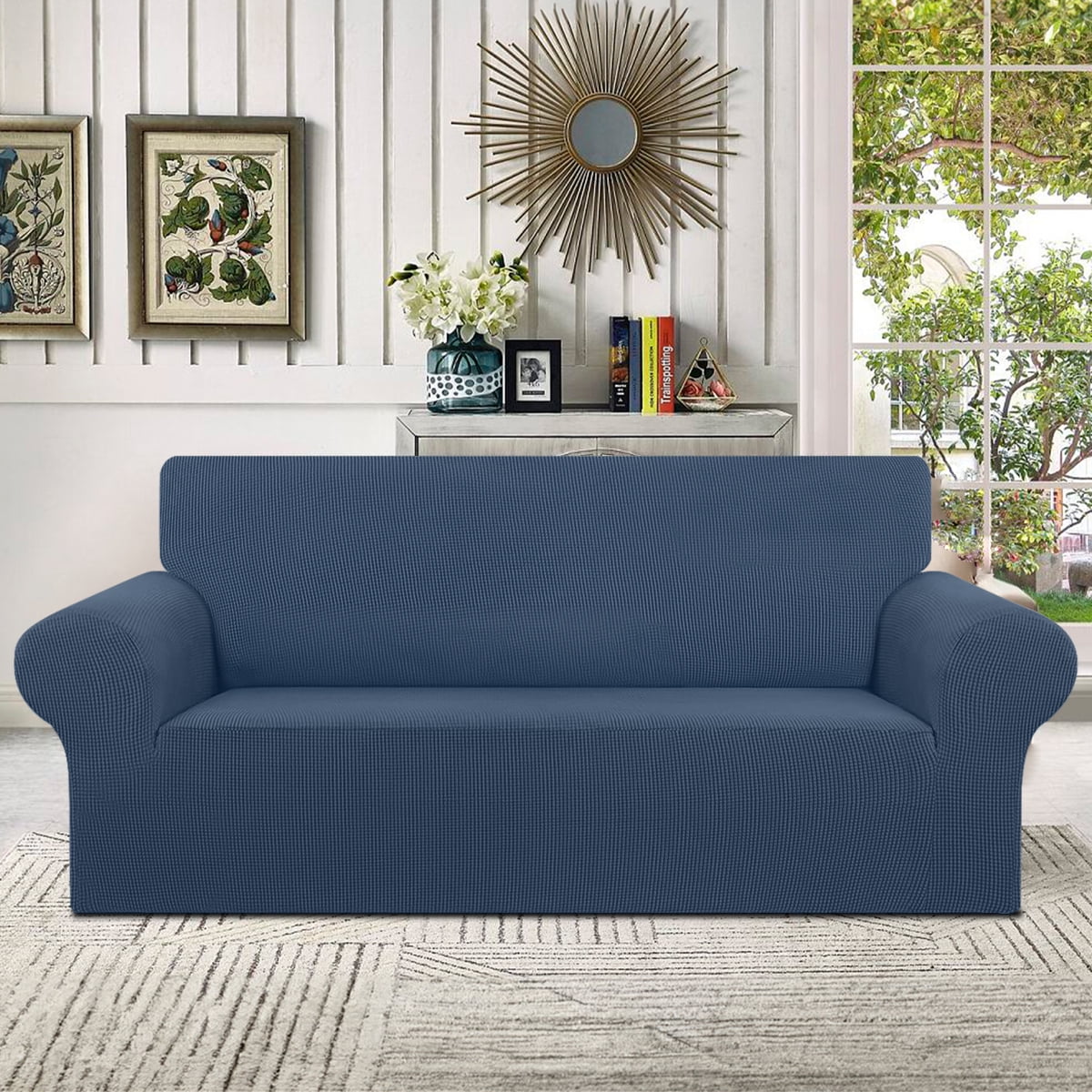 Sanmadrola Couch Cover Water Resistant Stretch Sofa Slipcover Jacquard Furniture Protector for Kids Pets Dog Cat, Aegean Blue, Chair