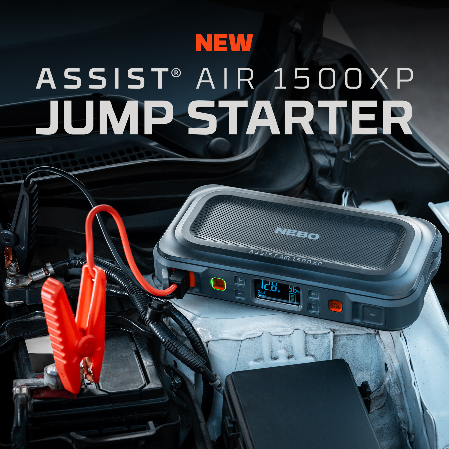 NEBO Assist 1500 Amps Jump Starter with Power Bank, Emergency Light, and Air Compressor