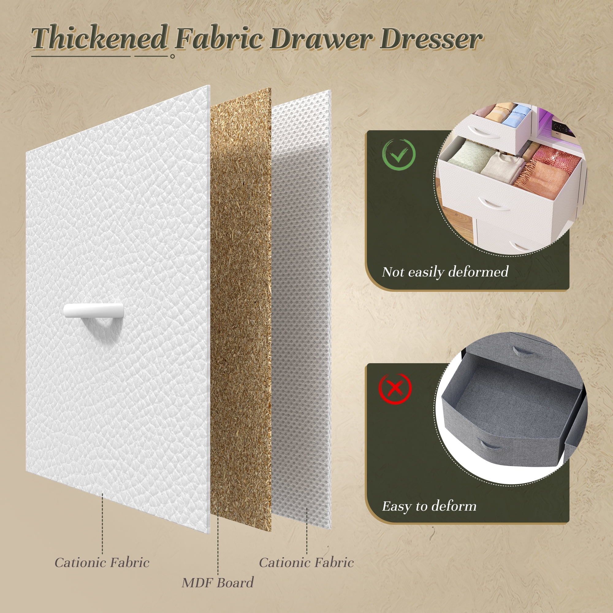 Enhomee White Dresser for Bedroom with LED Lights & Charging Station Tall Chest of 10 Fabric Drawers with Storage Shelves