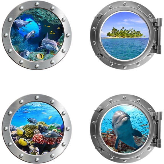 Jiibva 4Pcs/Set Sea Animal Cruise Door Magnets, Porthole Cruise Ship Door Decorations, Under The Sea Magnetic Stickers for Door, Fridge, Car Decor