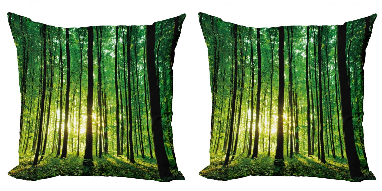 Forest Throw Pillow Cushion Cover Pack of 2, Green Woodland at Sunrise