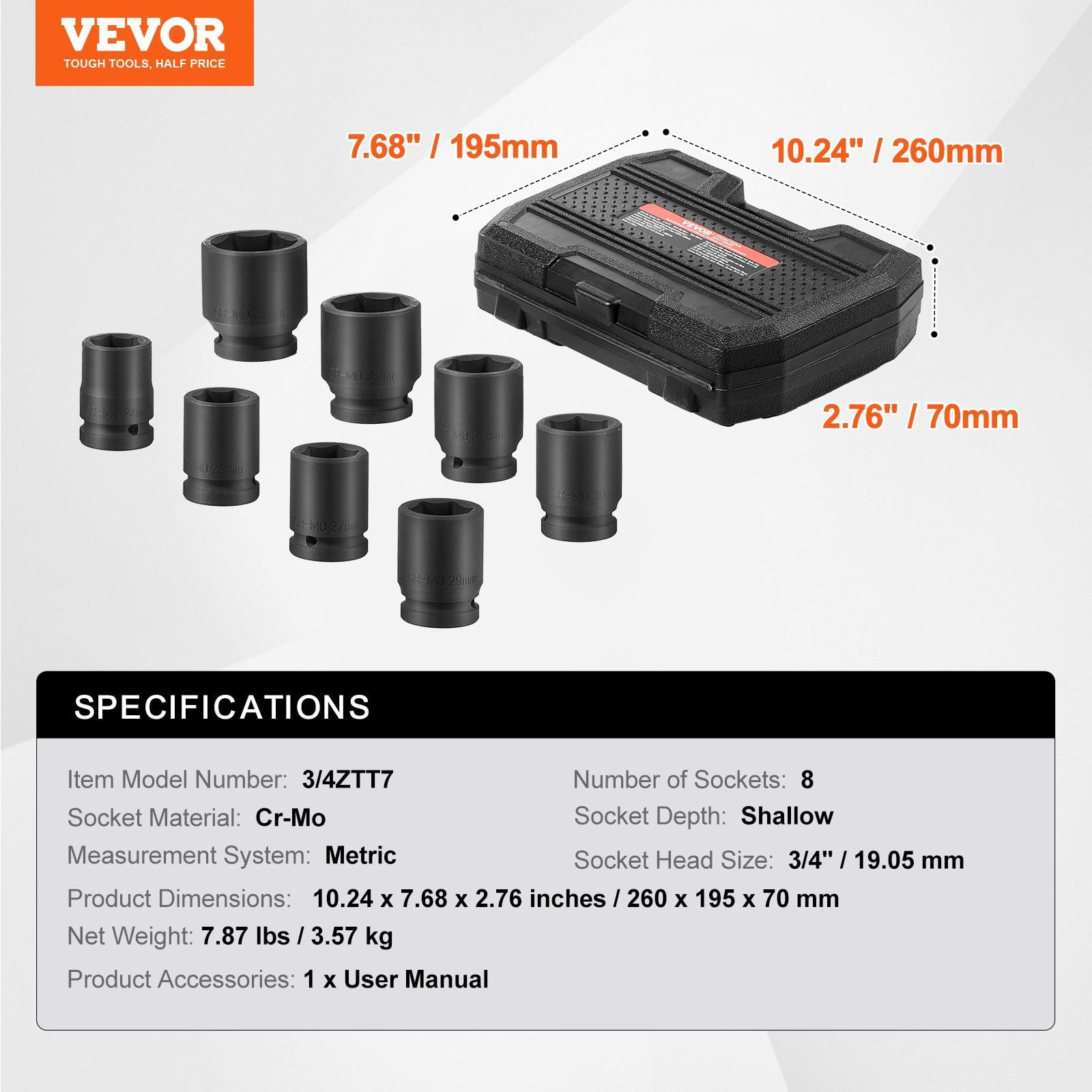 Axle Nut Socket Set 3/4" Drive 6-Point - 8pc Metric Impact Sockets - CR-MO Steel Auto Repair Tool Set w/ Storage Case