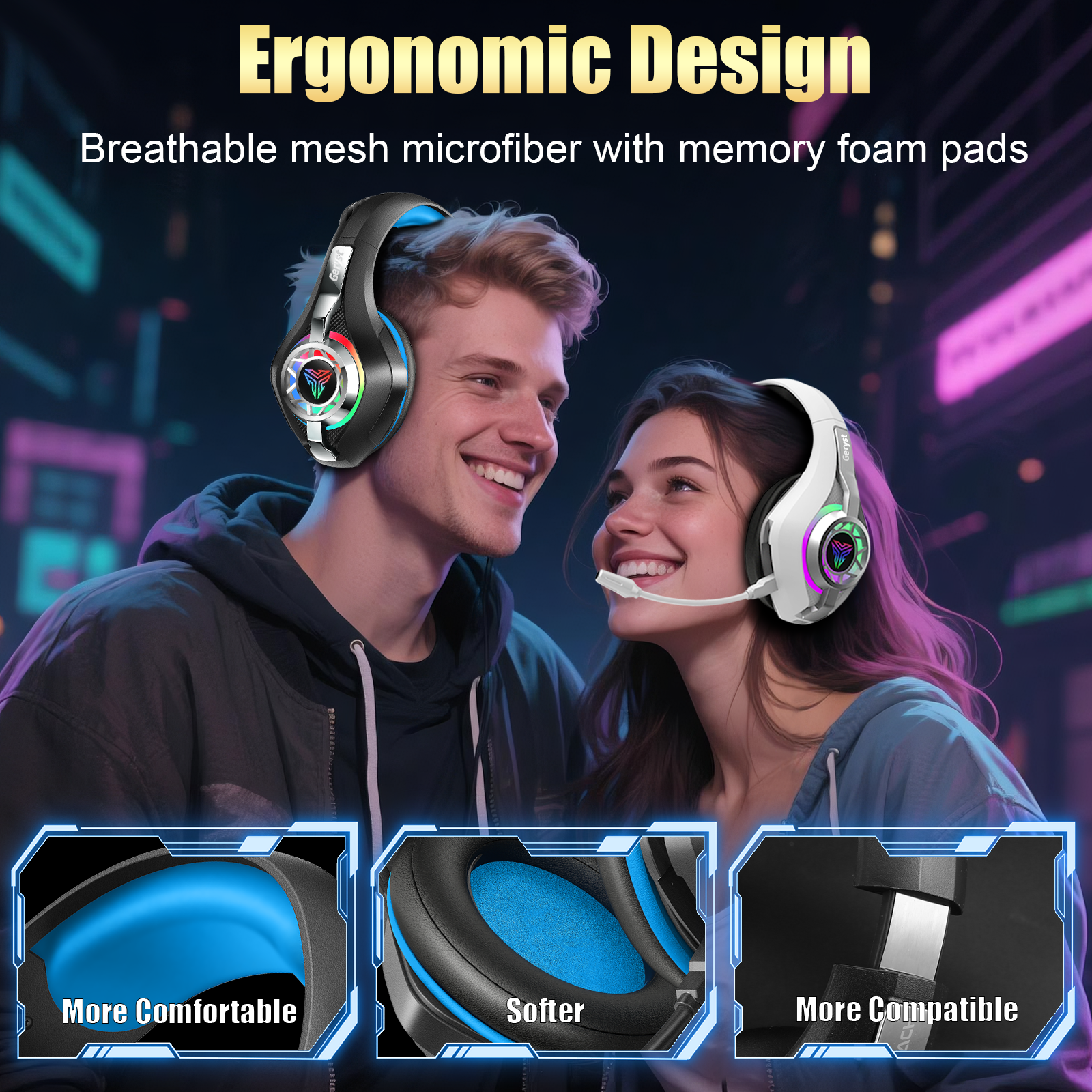 Geryst Wireless Gaming Headset, 7.1 Surround, Black photo 8
