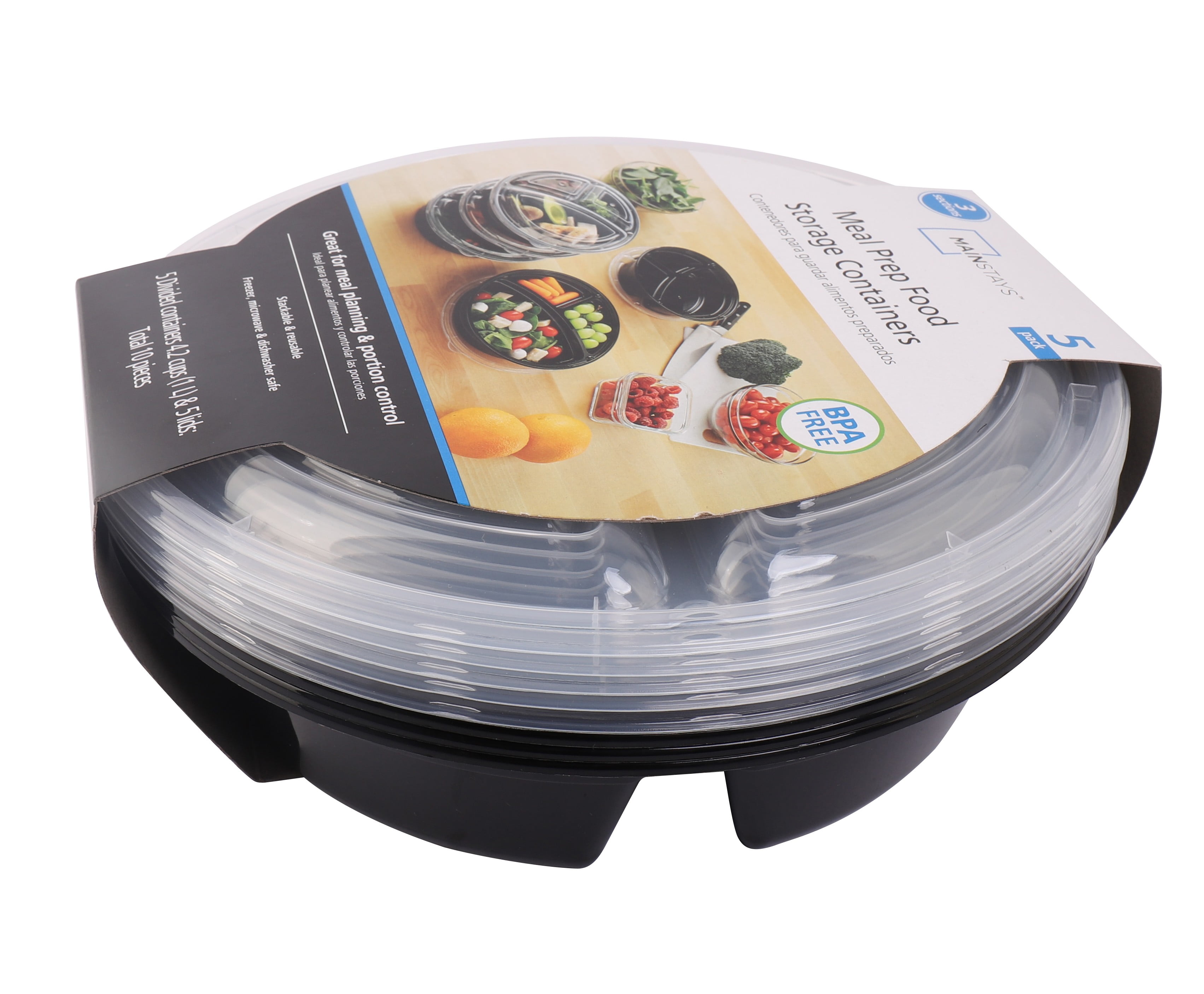 (4 pack) Mainstays 5-Pack Round Meal Prep Containers with 3 Compartments and Lids, 1L, BPA-Free, Microwave & Dishwasher Safe, Made for Family Meals and Easy Serving