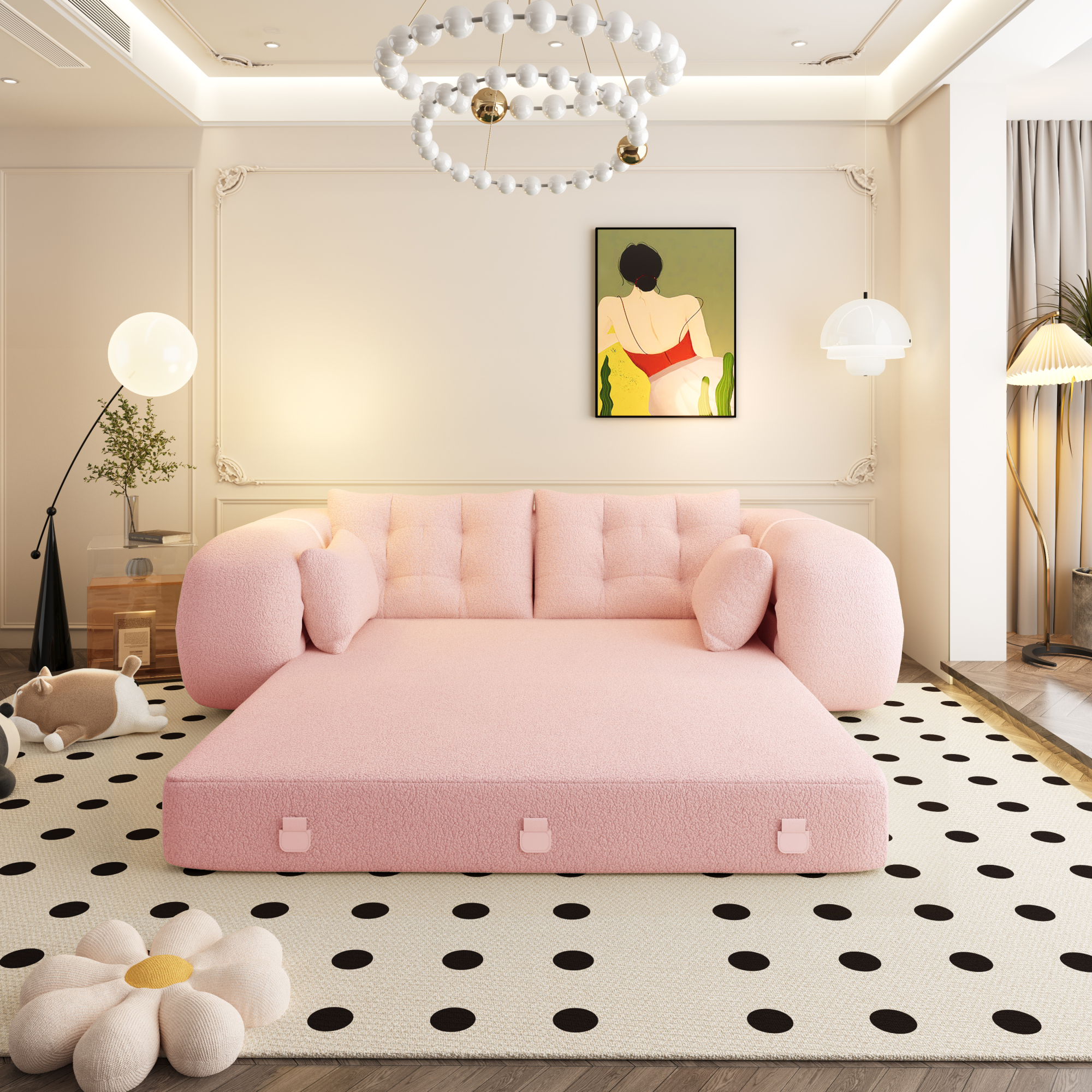 Lazy Sofa Couch, 78.7" Multi-Functional Foldable Sofa Bed, 3-in-1 Teddy Fabric Foam-Filled Sleeper Sofa Bed for Living Room,Guest Bed,Playroom
