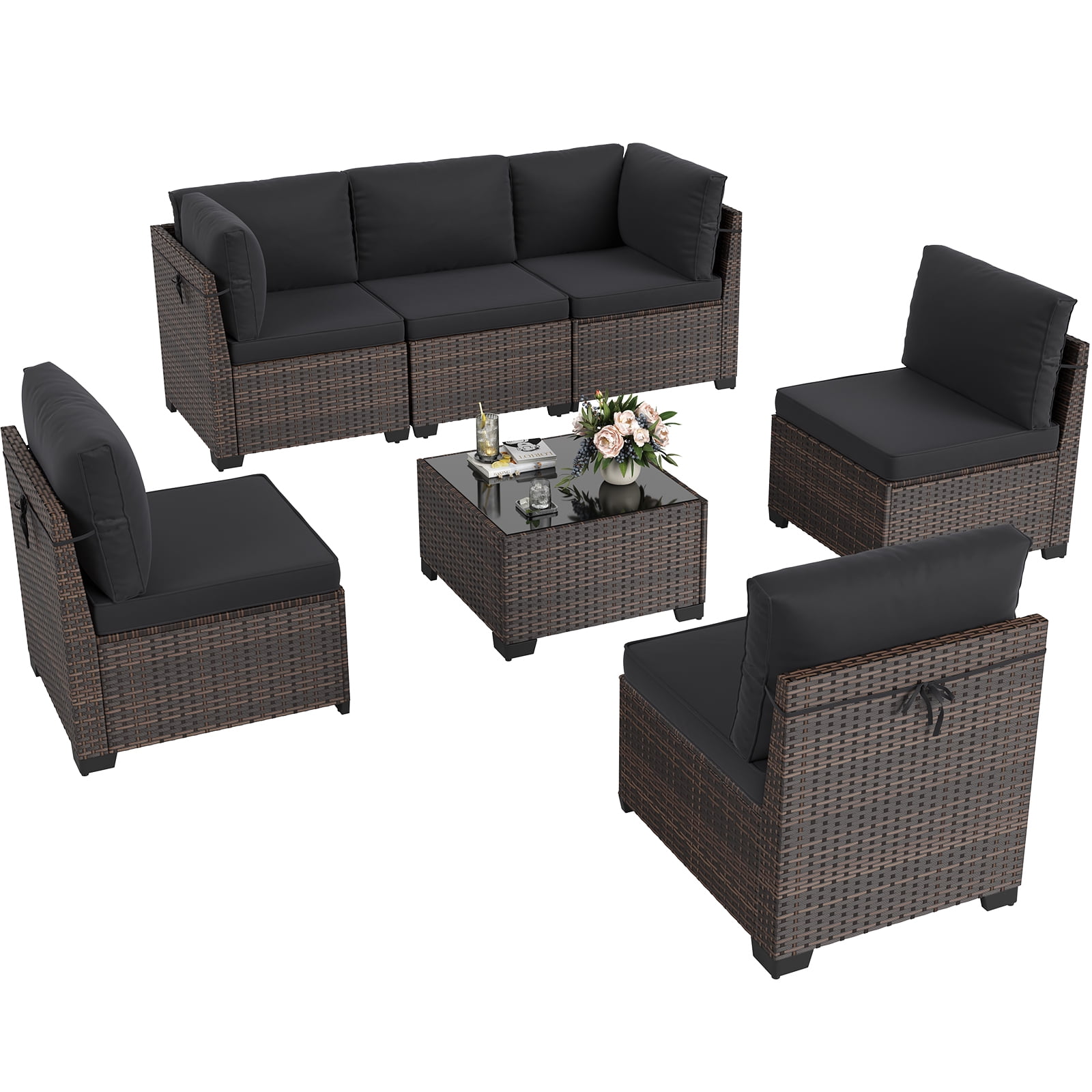 STARY 7 Pieces Outdoor Conversation Set, Patio Sectional PE Rattan Furniture Set for Backyard, Black