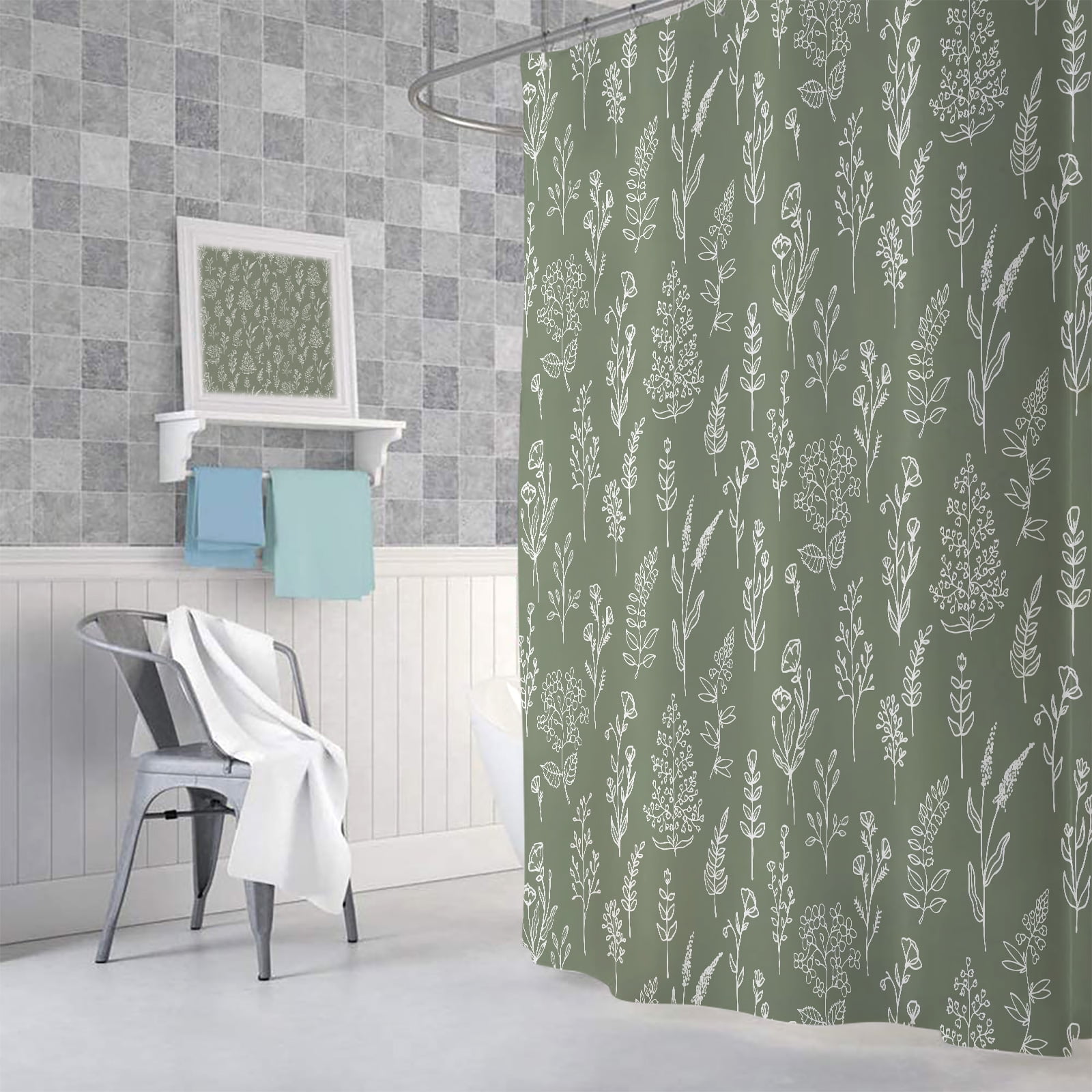 Boho Sage Green Floral Shower Curtain, Cute Spring Dark Green Flower Leaves Fabric Shower Curtains Set for Bathroom Decorative, Plant Botanical Restroom Decor Accessories with Hooks 72X72 Inch