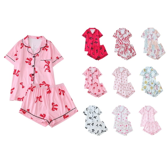 Crunowin Womens Pajama Sets, Graphic Print Pj Set Short Sleeve Button Top With Shorts Sleepwear 2 Piece Lounge Set Pink M