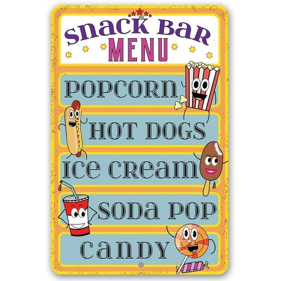 Metal Sign - Snack Bar Menu - Durable Metal Sign - Use Indoor/Outdoor - Great Gift and Decor for Snack Bar, Canteen, Concession Stand and Game Room Under $20 (8" x 12")