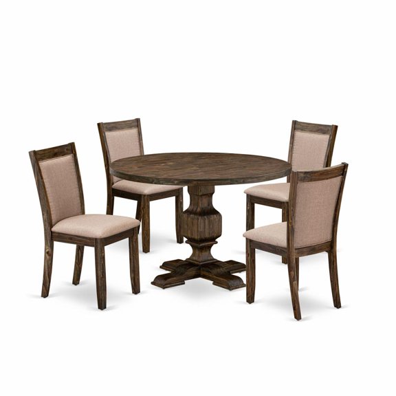 East West Furniture 5 Piece Dining Room Set Includes a Mid Century Dining Table and 4 Dark Khaki Linen Fabric Kitchen Chairs with High Back - Distressed Jacobean Finish
