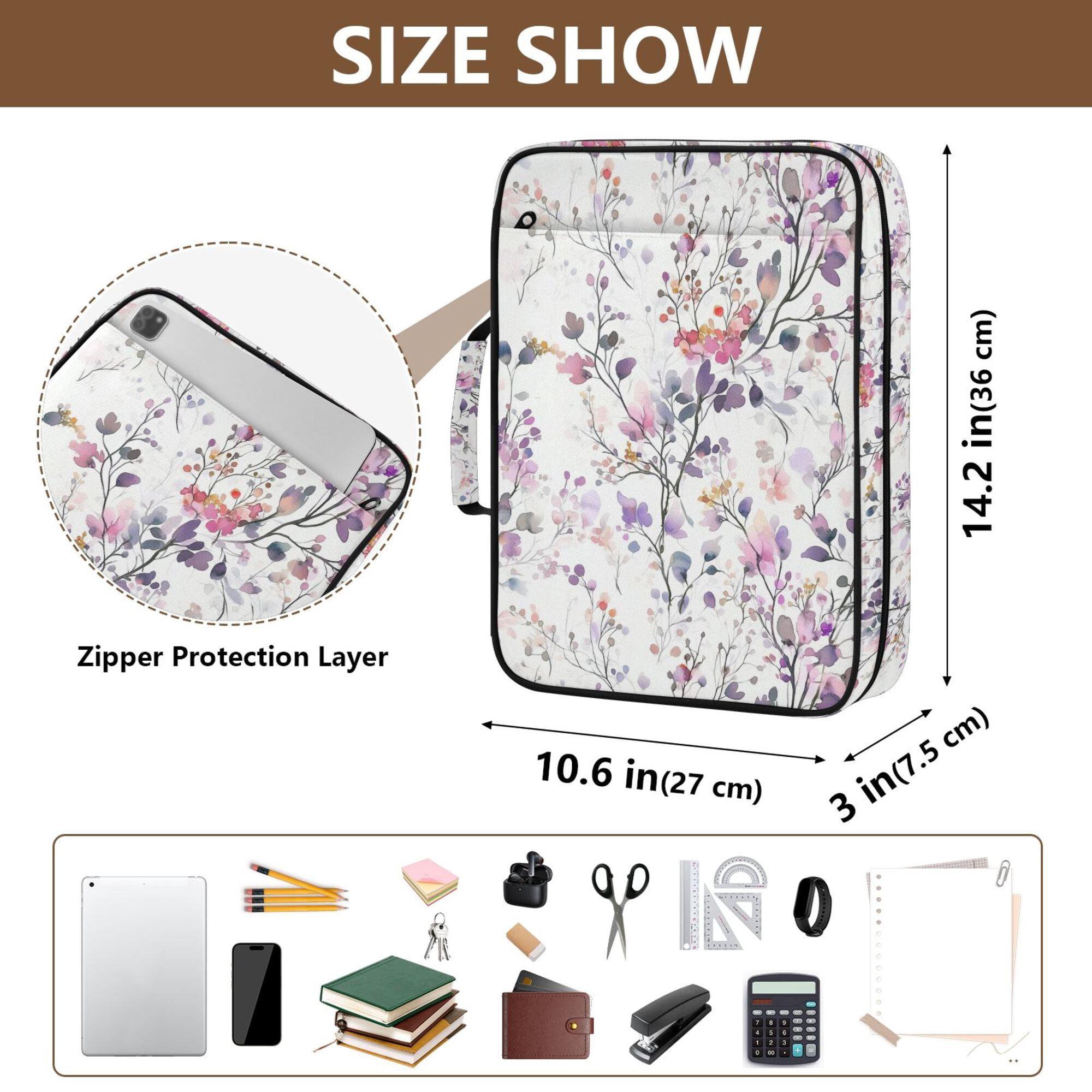 FORMRS Accordion File Folder A4 Size 7-Pocket Expanding Document Organizer Bag with 3 Ring Binder, Purple Wildflowers