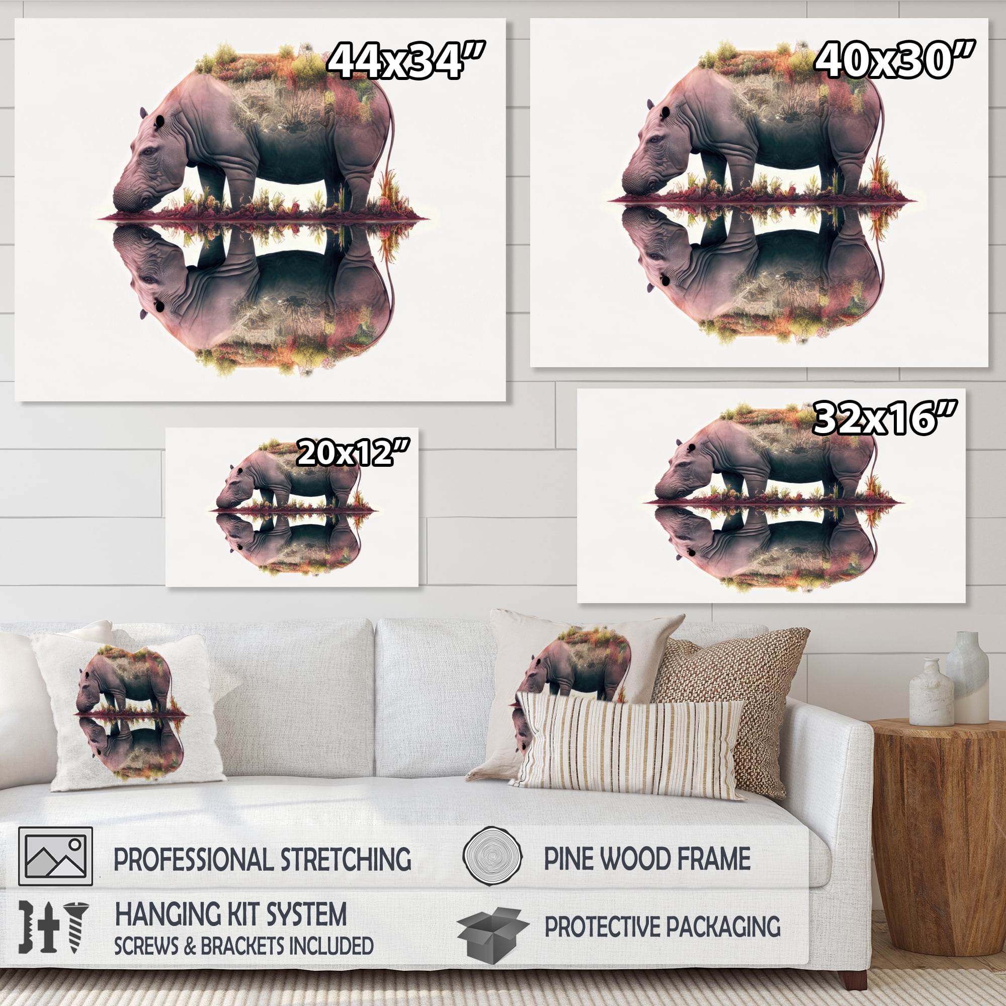 Designart Double Exposure Of A Hippo With African Landscape Canvas Wall Art