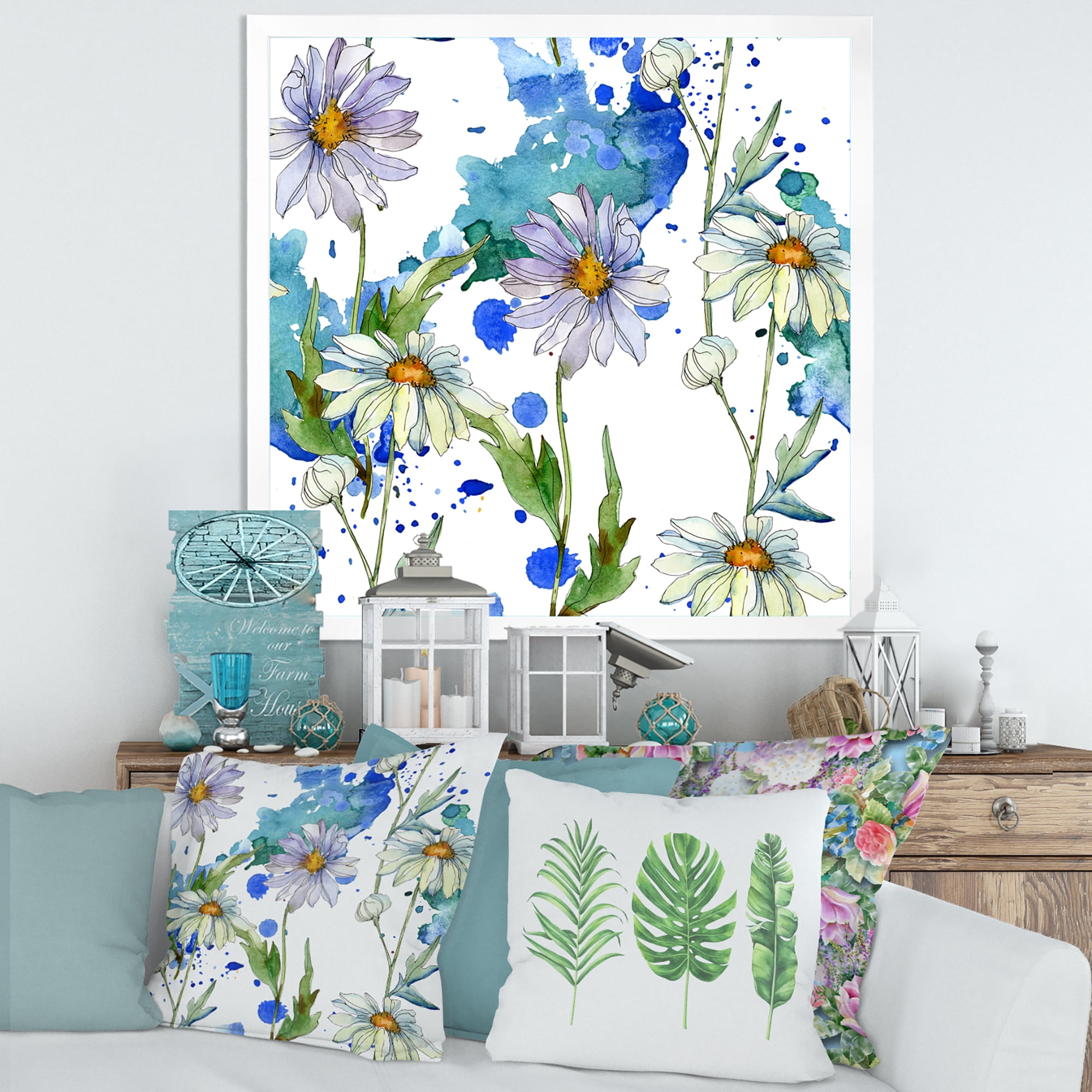 Designart 'Daisies With Green Leaves and Background' Traditional Framed Art Print
