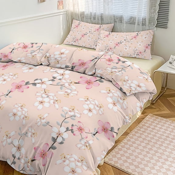 3 Pcs Soft Bedding Set, Includes 1 Duvet Cover with Zipper And 2 Pillow Shams,Pink Wild Flowers on Isolated Pastel Twin(86"x70")