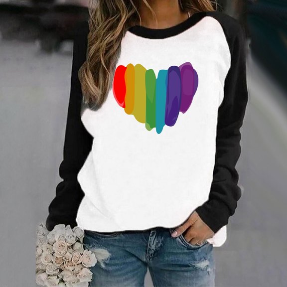 EQWLJWE Hoodie for Women Rainbows Heart Print Graphic T-Shirt Crew Neck Pride Tshirts Clothes CLong Sleeve Tops
