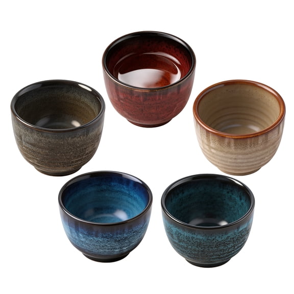 5 Pcs Japanese Style Ceramic Tea Cups 4.7 oz / 140 ml, Yerba Mate Set, Multicolor Coffee Cup, Small Cups for Hot and Cold Beverages, Microwave & Dishwasher Safe