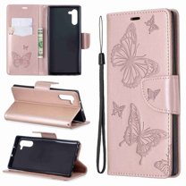 Dteck Case For Samsung Galaxy Note 10 Fashion Wallet Purse 3D Embossed Butterflies Premuim PU Leather Flip Cover Ultra Slim TPU Inner Bumper Hand Strap Magnetic Card Slots Pink