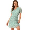 thumbnail image 1 of INSPIRE CHIC Women's Floral Puff Sleeve V Neck Drawstring Ruched Ruffle Dress Green XL, 1 of 4