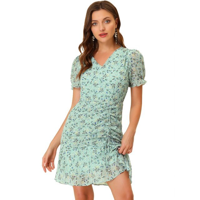 INSPIRE CHIC Women's Floral Puff Sleeve V Neck Drawstring Ruched Ruffle Dress Green XL