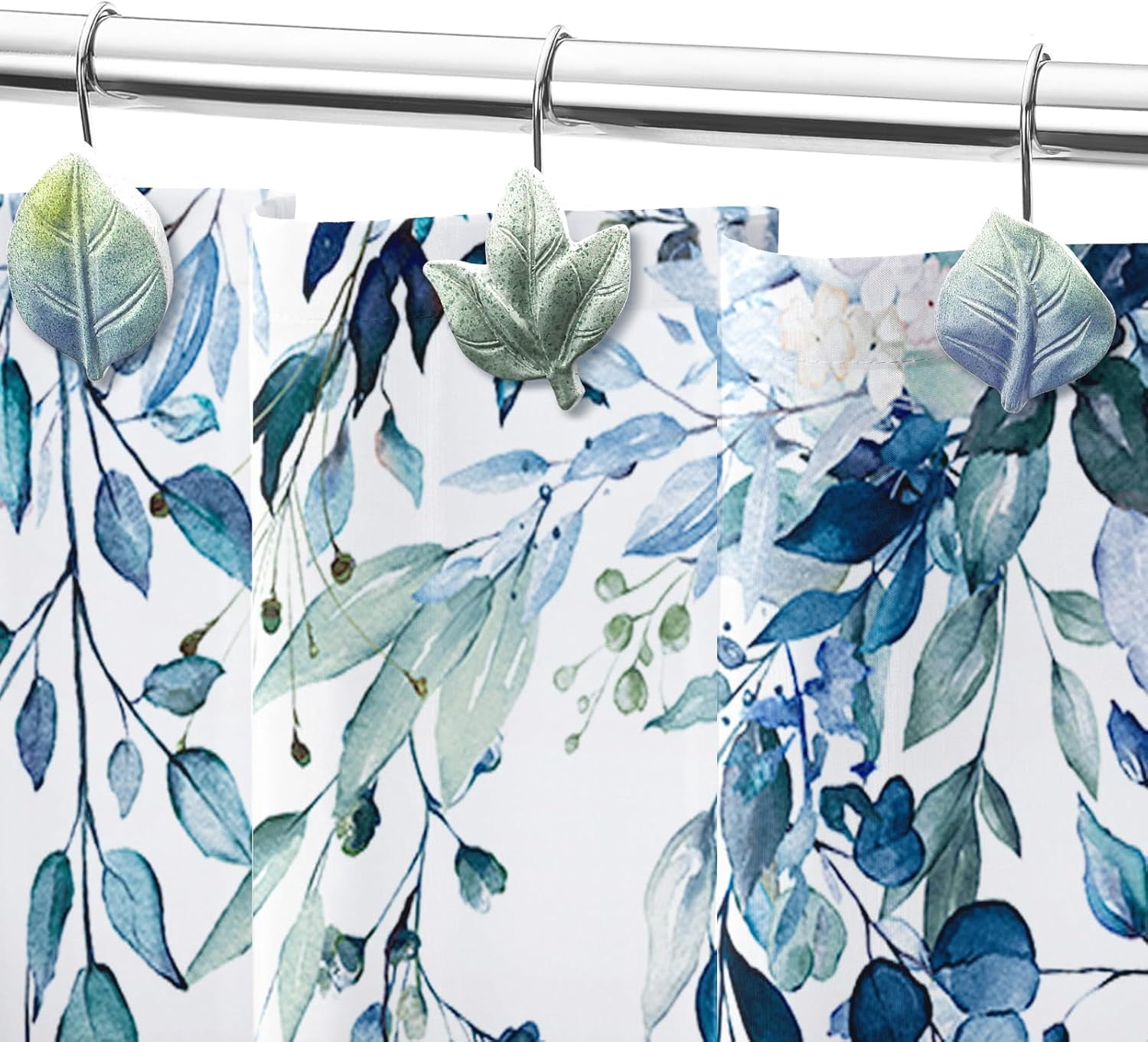 12PCS Leaves Shower Curtain Hooks, Blue Plant Leaf Decorative Shower Curtain Hooks Metal Rustproof Cute Eucalyptus Shower Curtain Rings Bathroom Decoration Accessories