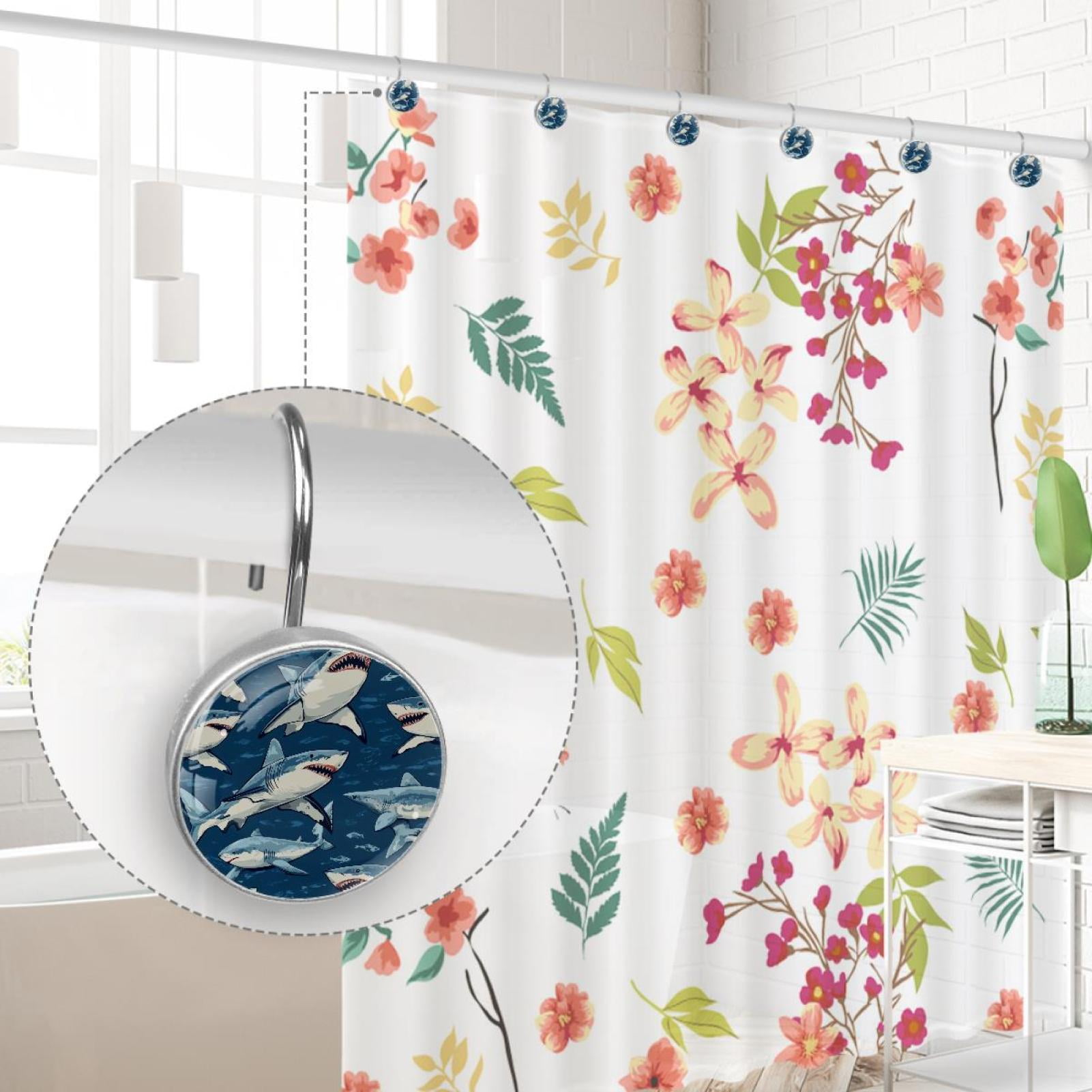 Sharks and Fishes Shower Curtain Hooks Round Crystal Glass, Set of 12 Shower Curtain Rings - Shower Hooks for Curtain Shower Rings