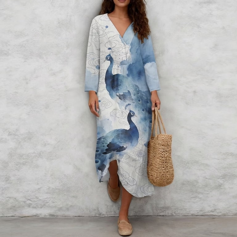 blue dress for baby girl Peacock Feather Print Dress with Crew Neck One Size / Black