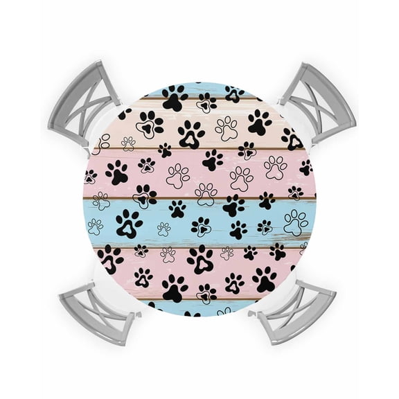 nqOlkjepod Pink Blue Paw Print Round Tablecloth, Fitted Table Cover with Elastic for 55"-60" Round Tables, Vintage Farmhouse Rustic Wooden Grain Table Cloth Dinning Party Waterproof Tablecloths