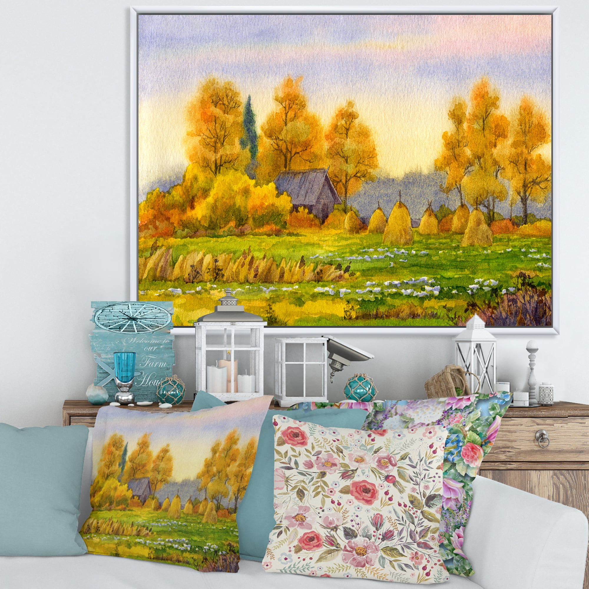 Orange Fields With Haystacks II 20 in x 12 in Framed Painting Canvas Art Print, by Designart