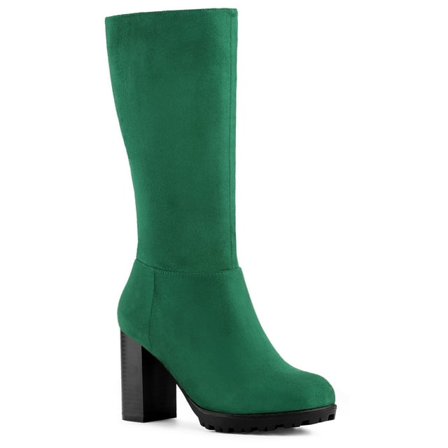 Unique Bargains Bottes à Talon Bloc Mi-Mollet pour Femmes Vert US 10
