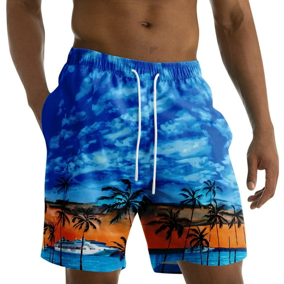 JULMCOMO Men's Hawaiian Beach Shorts Summer Tropical Print Sport Shorts Drawstring Elastic Waist Casual Surfing Shorts with Pockets Blue L