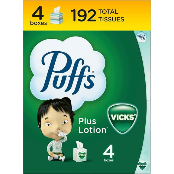 Puffs Plus Lotion with Vicks Facial Tissues, 4 Cubes, 48 Tissues per Box