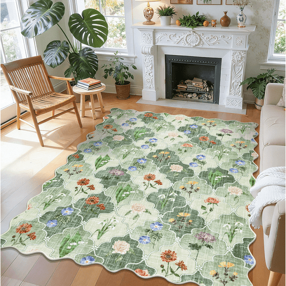 MJIAexp 5x7 Moroccan Floral Area Rug Washable Bedroom Rug Vintage Boho Area Rug Non-Slip Accent Throw Rug Stain Resistant Floor Carpet for Kitchen Entryway Living Room Office Green