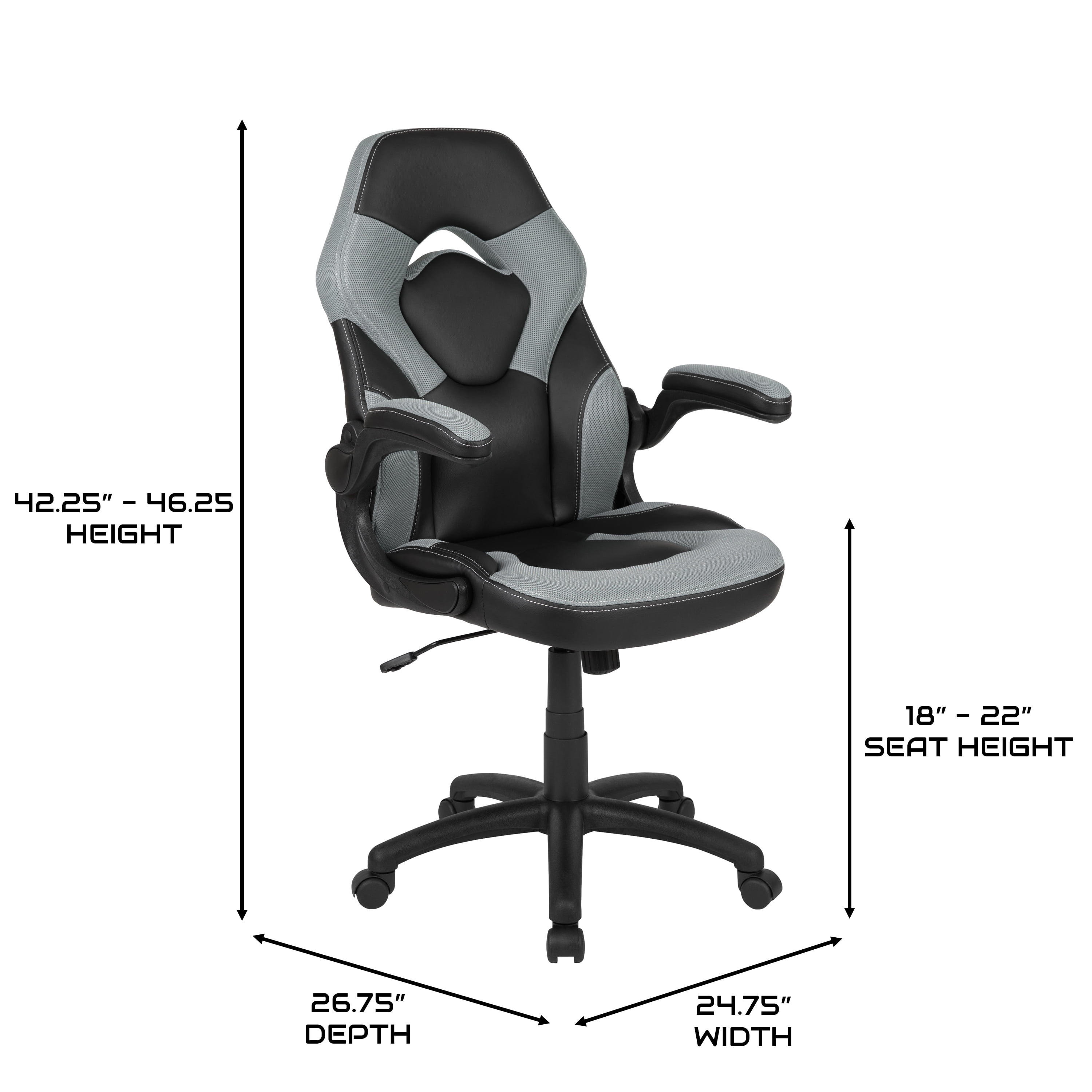 BlackArc High Back Gaming Chair with Gray and Black Faux Leather Upholstery, Height Adjustable Swivel Seat & Padded Flip-Up Arms