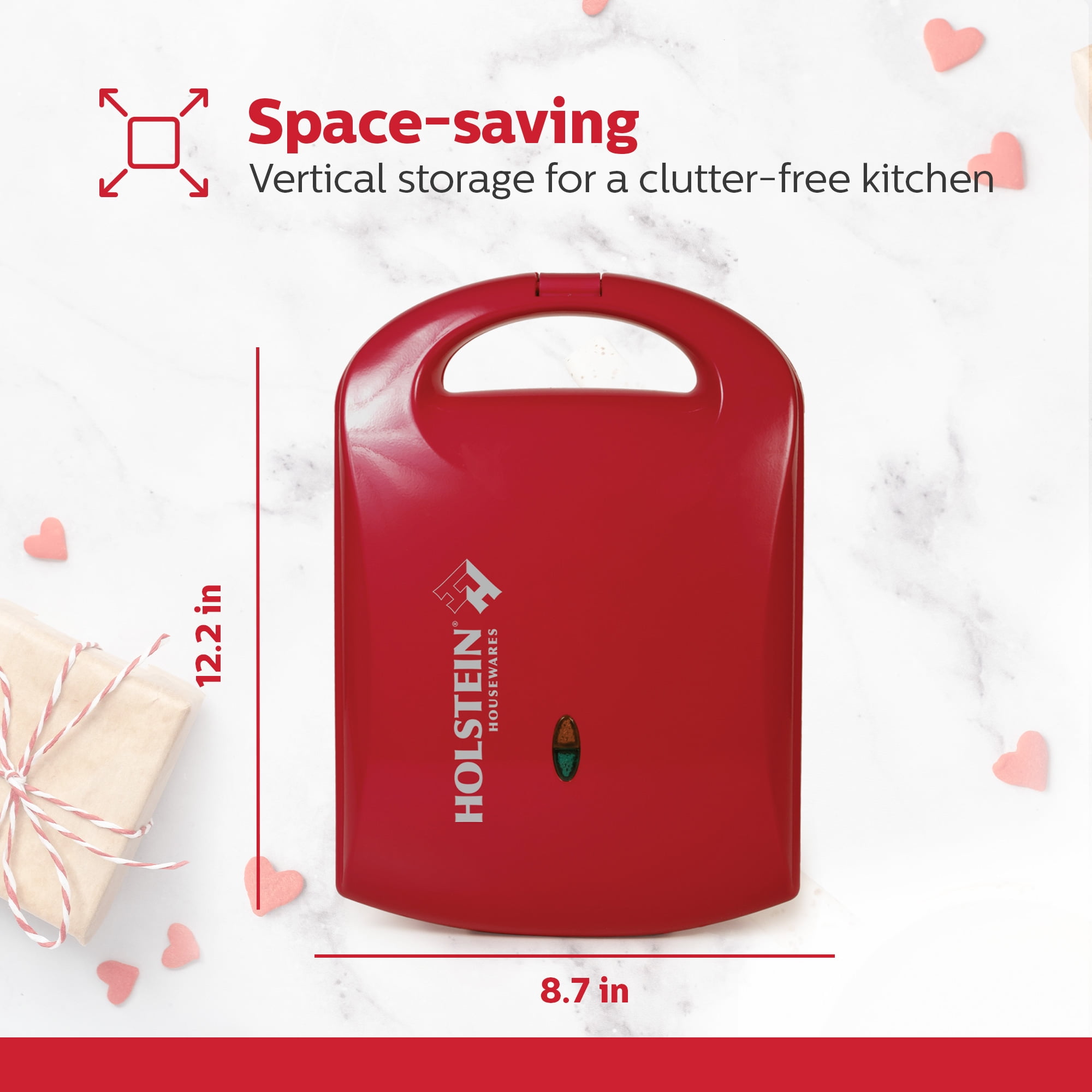 Holstein Housewares 4-Section Heart Shaped Waffle Maker, Red