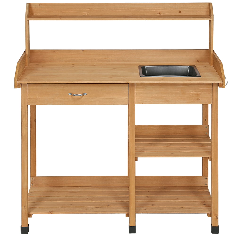 Renwick Wooden Potting Bench with Removable Sink Drawer, Oak