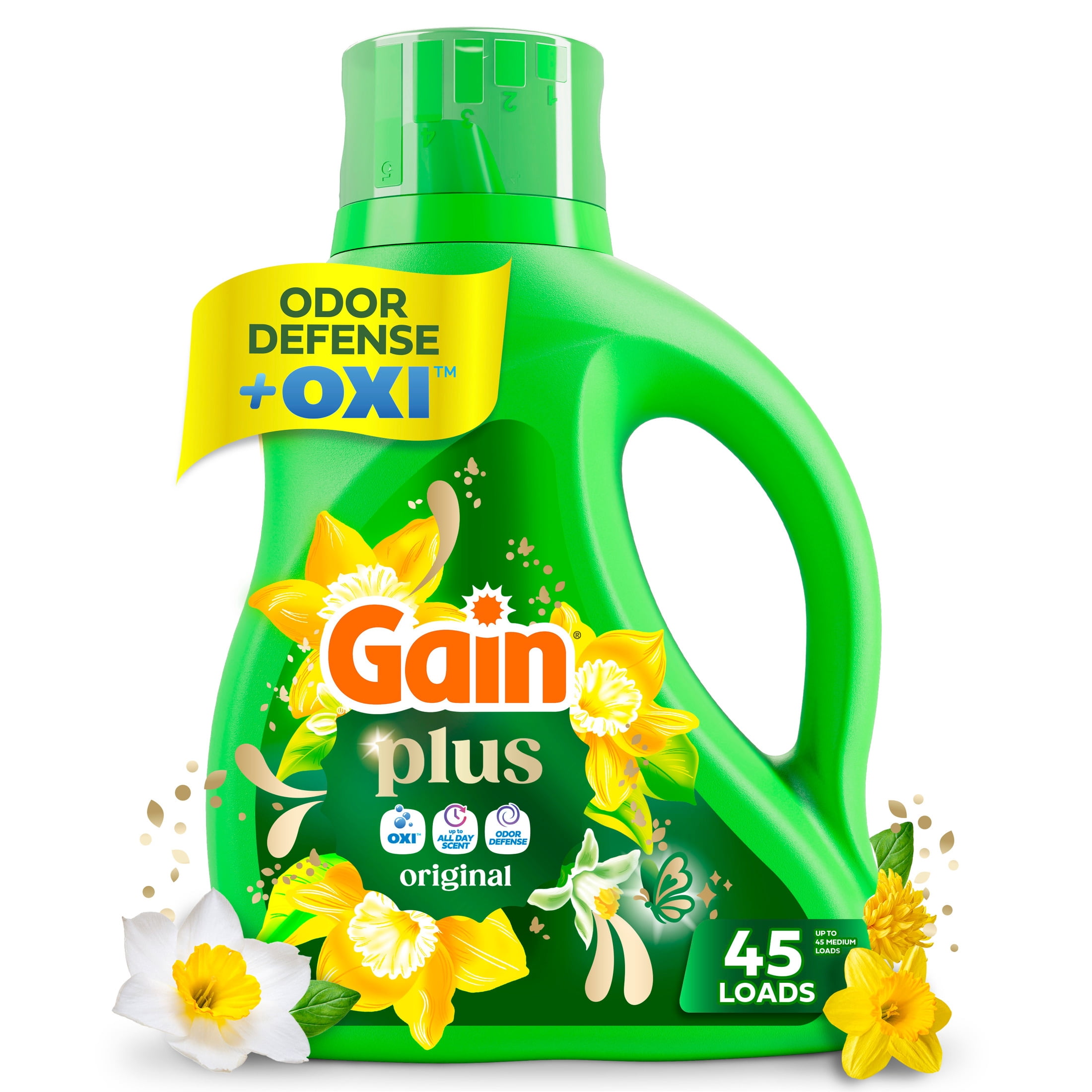 (4 pack) Gain Plus Laundry Detergent Liquid, Now with Odor Defense + OXI, Original Scent, 60 fl oz, 45 Loads
