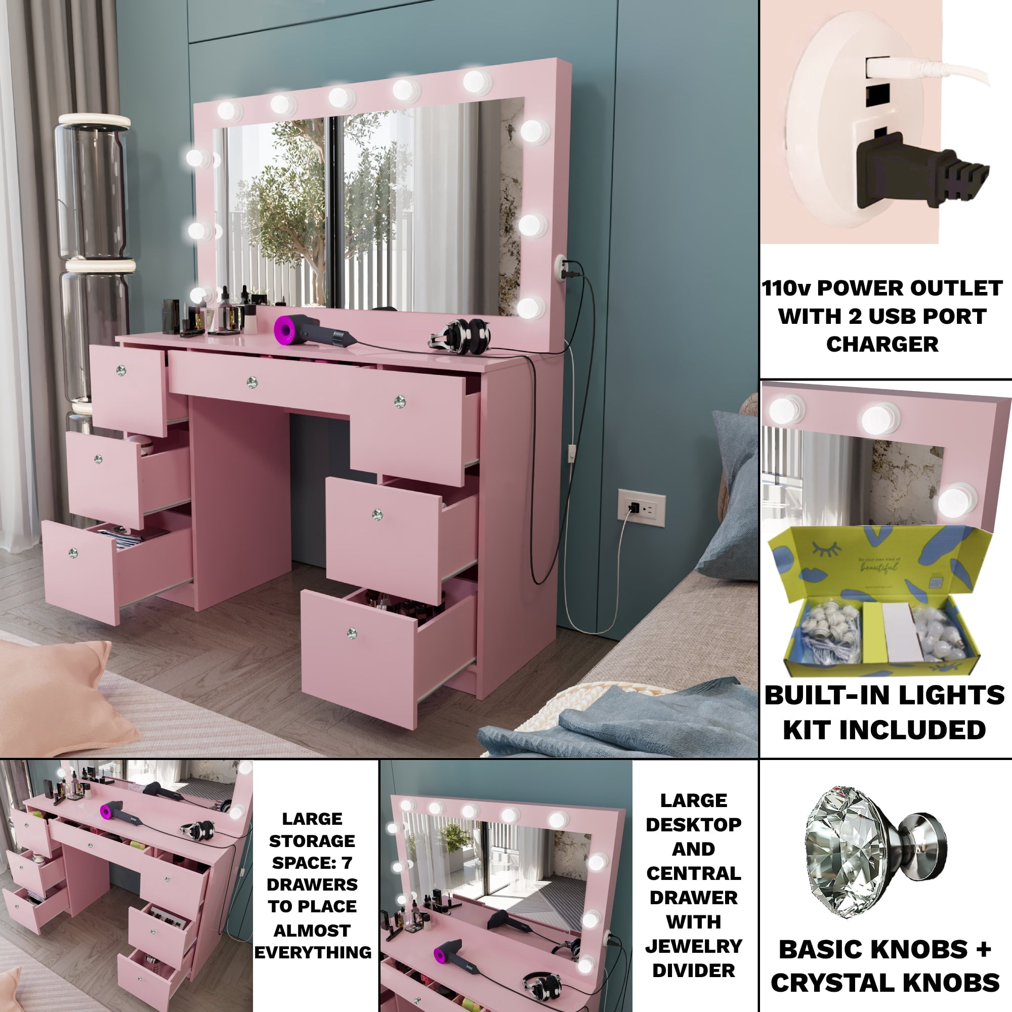 Ember Interiors Tammy Modern Large Pink Makeup Vanity Desk with Built-in Lights, Power Outlet with USB Type-C, 7 Drawers and Crystal Knobs