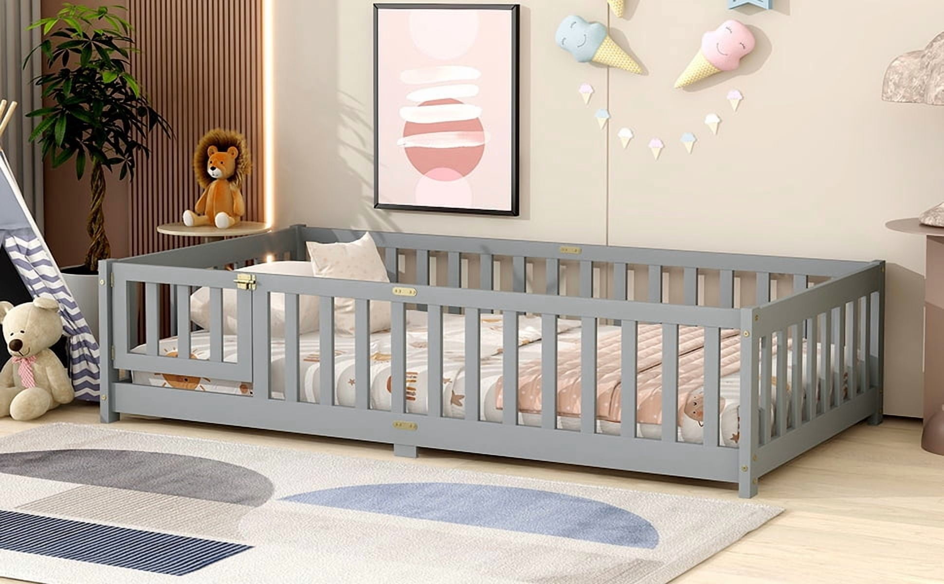 Twin Size Rubber Wood Floor Bed with Fence and Door, Grey Safety Guardrails Kids Platform Bed, No Spring Box Needed for Small Bedroom