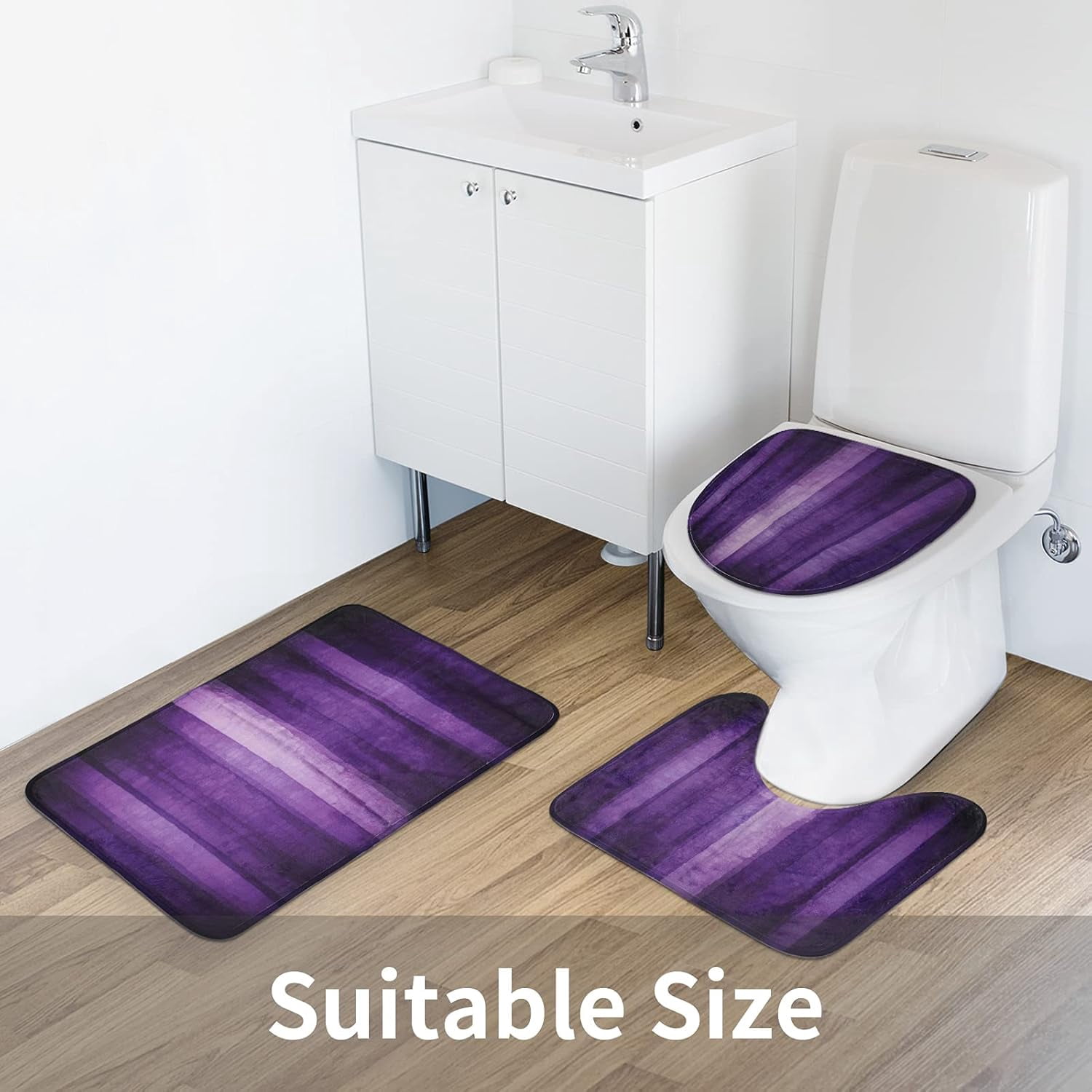 4 Pcs Purple Shower Curtain Sets with Rugs, Neon Purple Bathroom Sets with Shower Curtain and Rugs and Accessories, Modern Dark Purple Stripe Bathroom Shower Curtain with Bath Mats