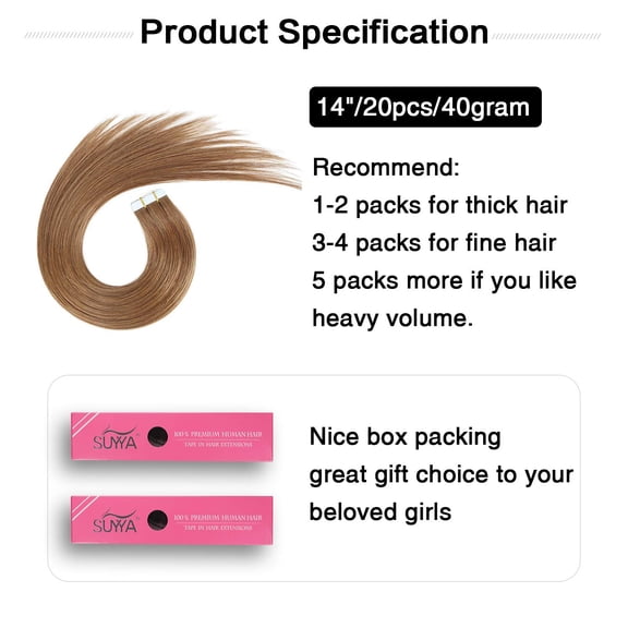 WEIF-Tape in Hair Extensions Human Hair 14 inches 40g/pack 20pcs Straight Seamless Skin Weft Tape in Remy Human Hair Extensions(14 inches #8 Light Brown)