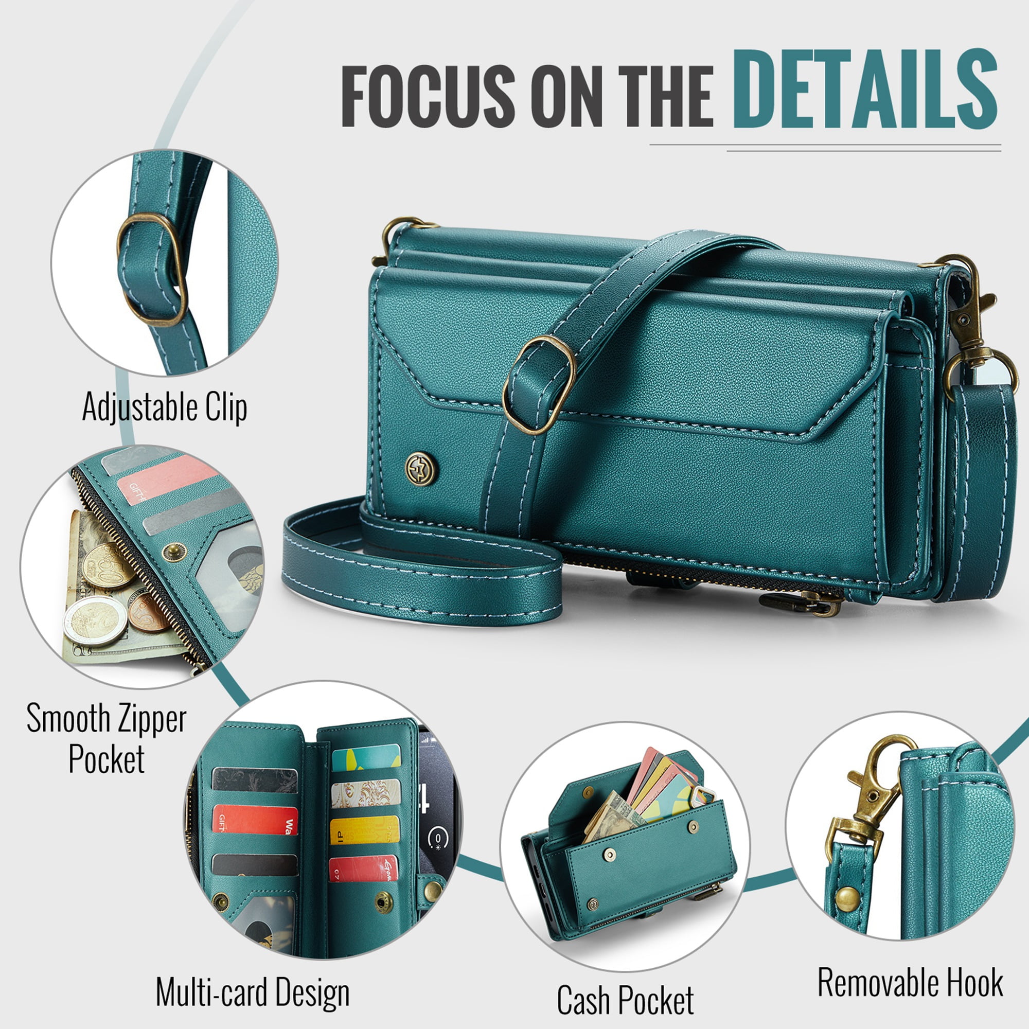 Dteck Crossbody Wallet Case for iPhone 16 RFID Blocking 10-Card Holder Soft PU Leather Magnetic Snap Shoulder Strap Zipper Pocket Phone Case Fit for iPhone 16,Green