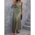 thumbnail image 7 of Green Solid Satin Halter Maxi Dress With Front Slit And Belted Waist, 7 of 7