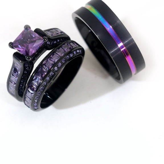 Couple Rings Matching Rings Black Gold Plated 1.5CT Square Purple CZ Women Wedding Ring Sets for Him and Her Rings Men Wedding Band