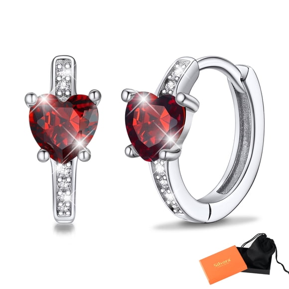 Pendientes de aro de plata de ley con piedras natales Silvora para mujer. Diamantes creados. Delicada joya de regalo para cumpleaños o Navidad