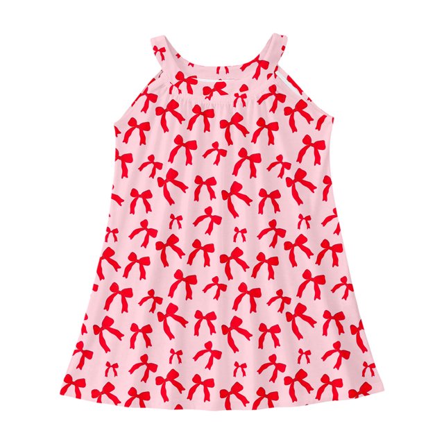 Robe Fille Tout-Petit Nœud Imprimé Couverture d'Été Sans Manches Col Rond Rose Vif Tenue de Plage pour Enfant Taille 5-6T