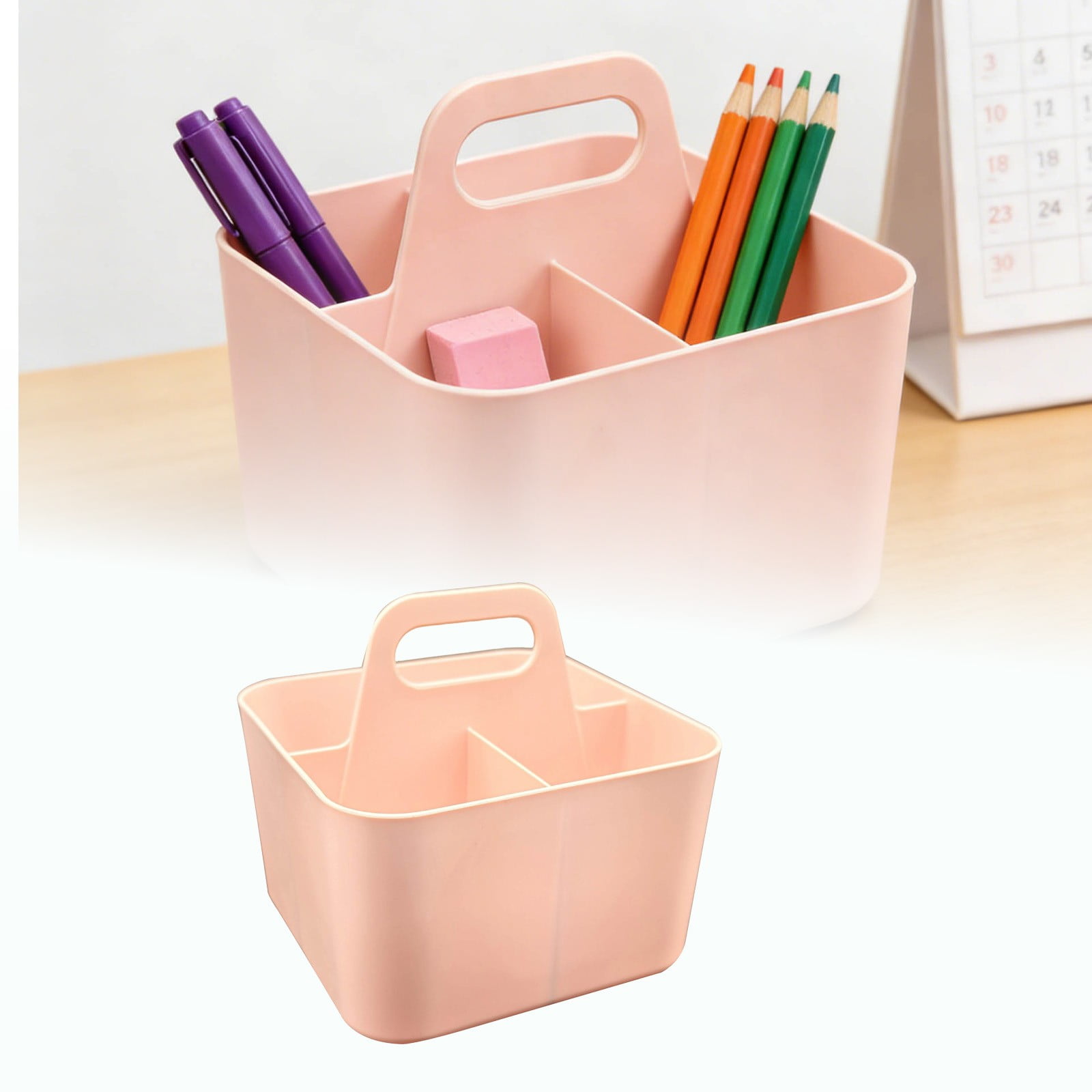 3 Compartment Plastic Caddy Organizer With Handle Stackable Desk Stationery Storage Caddy Art Craft Supply Holder For Classroom Home Office(Pink-13Cm)