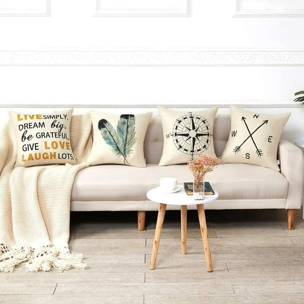 Decorative Throw Pillow Covers 22x22 Inch Set of 4 Compass Arrow Feather Live Love Laugh Quote Couch Pillow Covers Cushion Case for Modern Simple